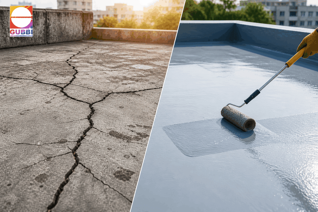 roof waterproofing coating on a commercial building rooftop to prevent water damage, leakage, seepage, and structural deterioration.